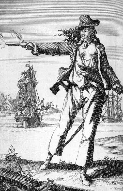 Engraving of Anne Bonny in coat and trousers, firing a pistol on a shore with ships behind her