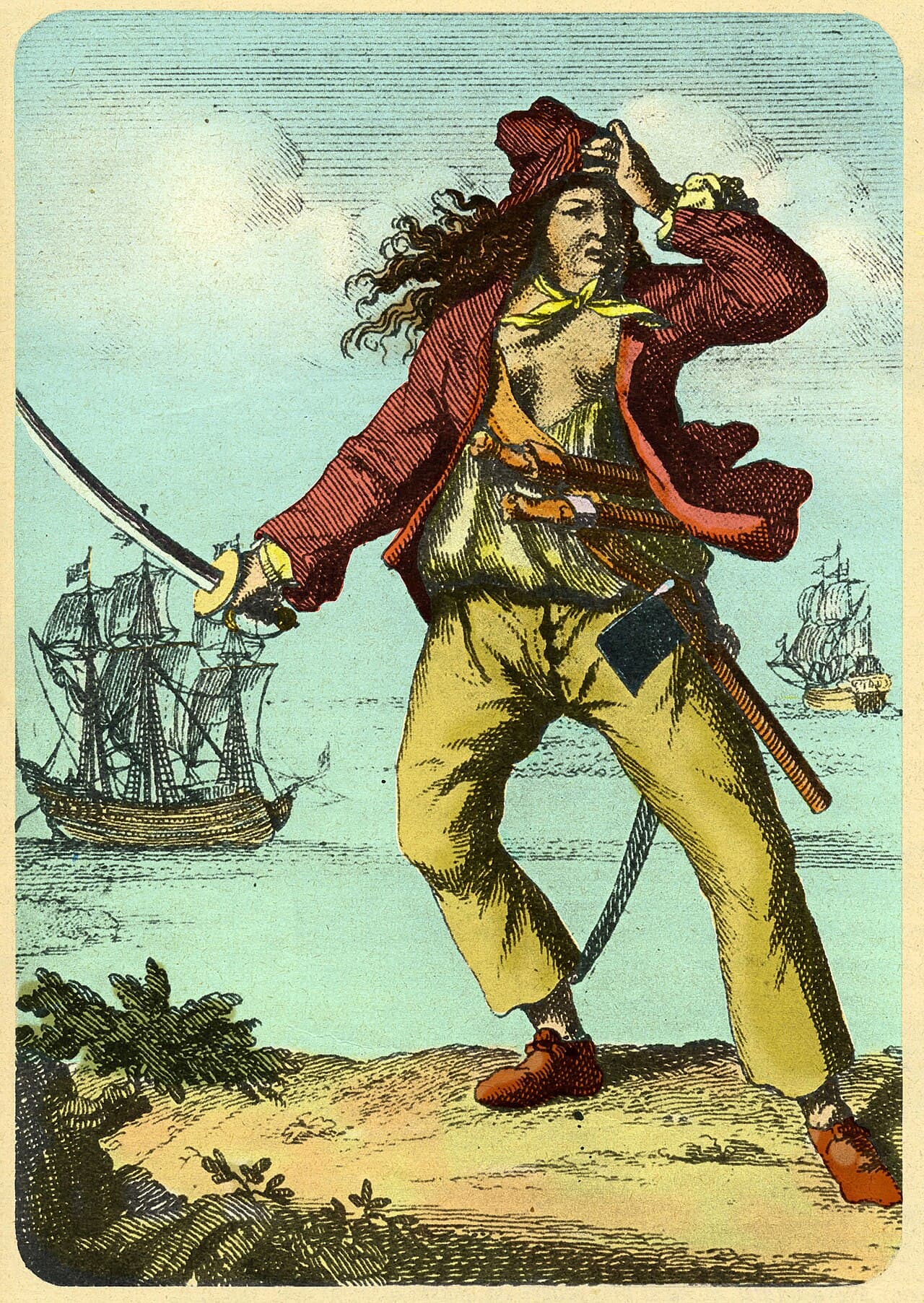 Hand-coloured engraving of Mary Read with a drawn cutlass, ships at anchor behind her
